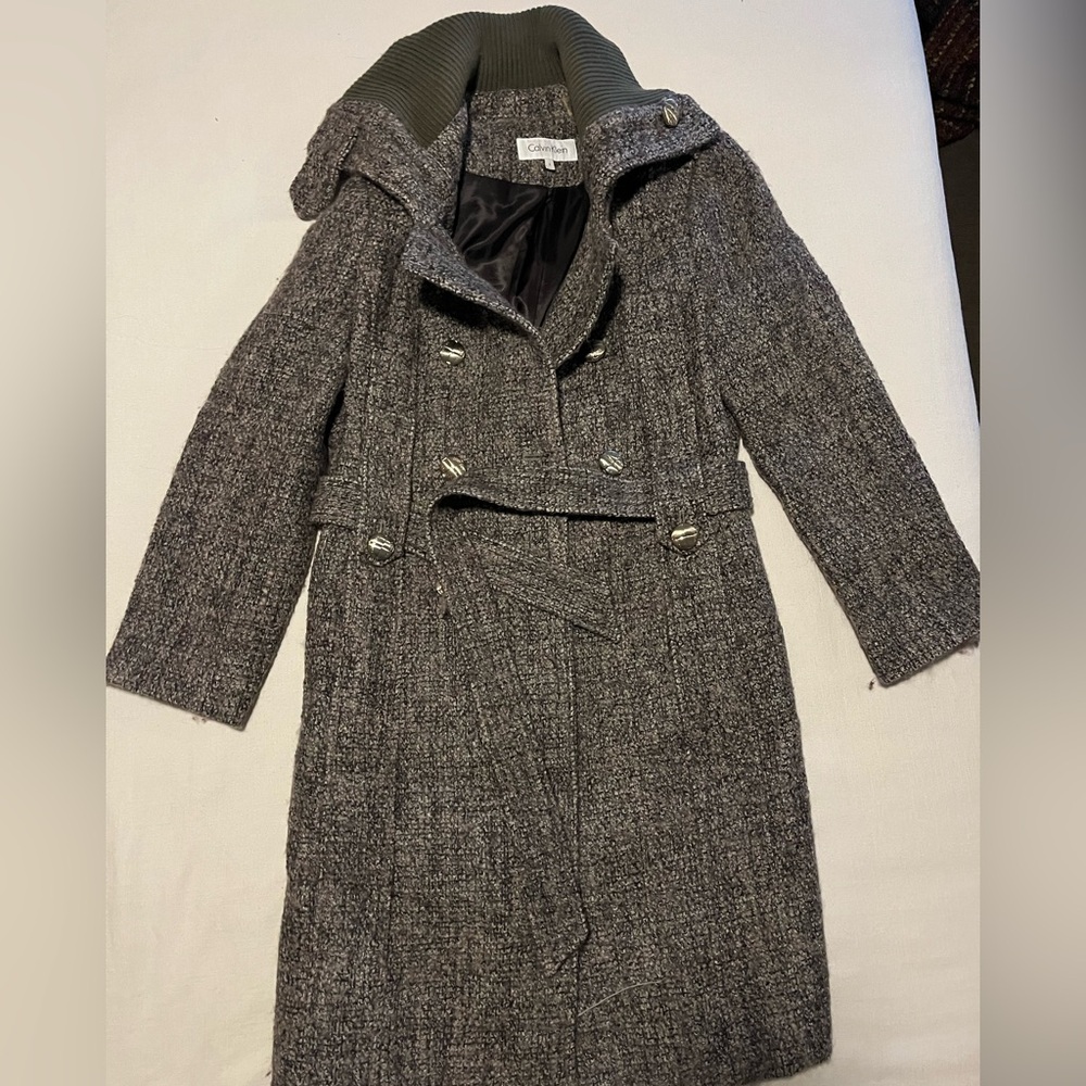Grey tweed Calvin Klein wrap coat. Size 8.